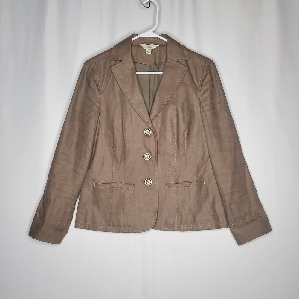 Ll Bean Linen Blazer Womens Petite 8P Brown 3-Button Collar‎ Pocket Long Sleeve